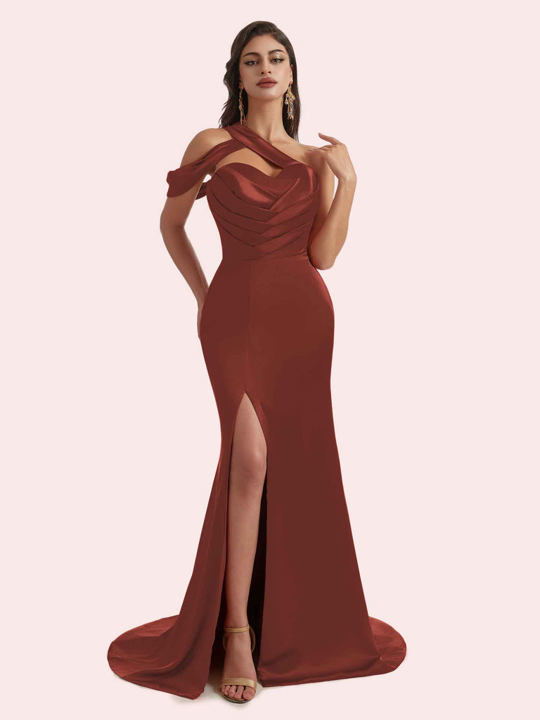 Elegant Mermaid Sweetheart Side Slit Pleats Off Shoulder Soft Satin Long Bridesmaid Dress Online Elegant Mermaid Sweetheart Side Slit Pleats Off Shoulder Soft Satin Long Bridesmaid Dress Online