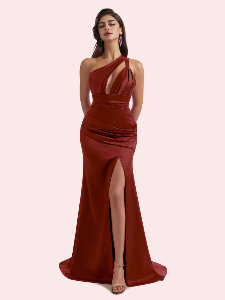 Gorgeous Mermaid Pleats Side Slit One Shoulder Soft Satin Long Bridesmaid Dress For Wedding Gorgeous Mermaid Pleats Side Slit One Shoulder Soft Satin Long Bridesmaid Dress For Wedding