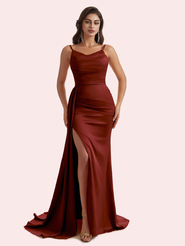Gorgeous V Neck Mermaid Pleats Side Slit Soft Satin Long Bridesmaid Dress For Wedding Gorgeous V Neck Mermaid Pleats Side Slit Soft Satin Long Bridesmaid Dress For Wedding