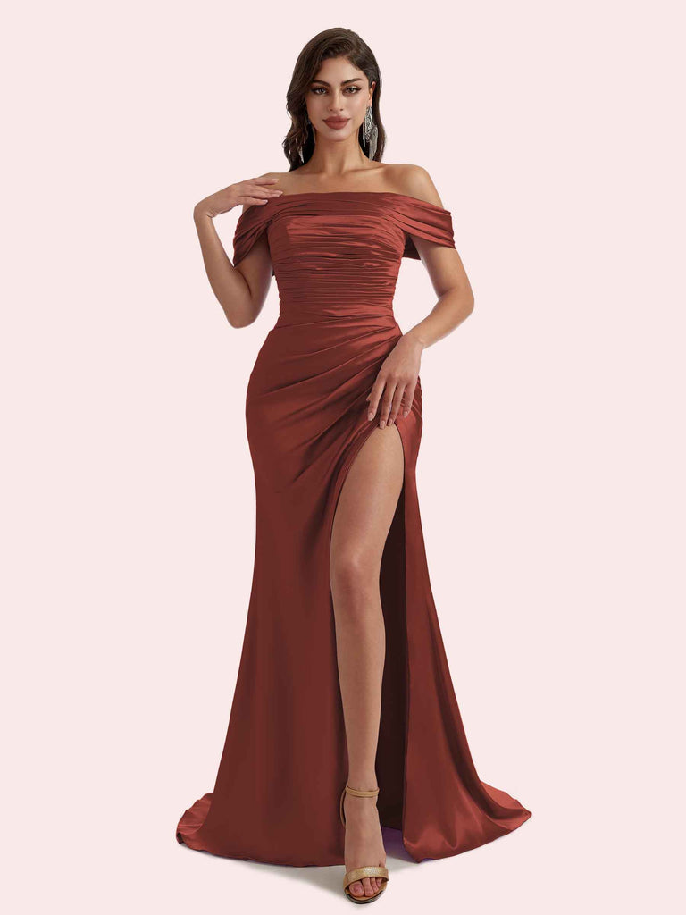 Gorgeous Off Shoulder Mermaid Pleats Side Slit Soft Satin Long Bridesmaid Dress For Wedding Gorgeous Off Shoulder Mermaid Pleats Side Slit Soft Satin Long Bridesmaid Dress For Wedding