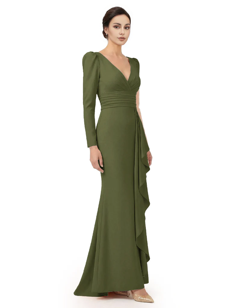 V-Neck Long Sleeves Ruffle Crepe Mother Of The Groom Dress Mermaid
