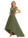 Mother of The Groom Dress Fancy Cap Sleeve Crepe High-Low A-Line Gown Elegant Belt Accent