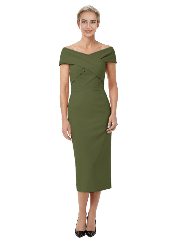 Mother of The Bride Dress Classy Off Shoulder Crepe Sheath Midi Gown Modern Wrap Detail