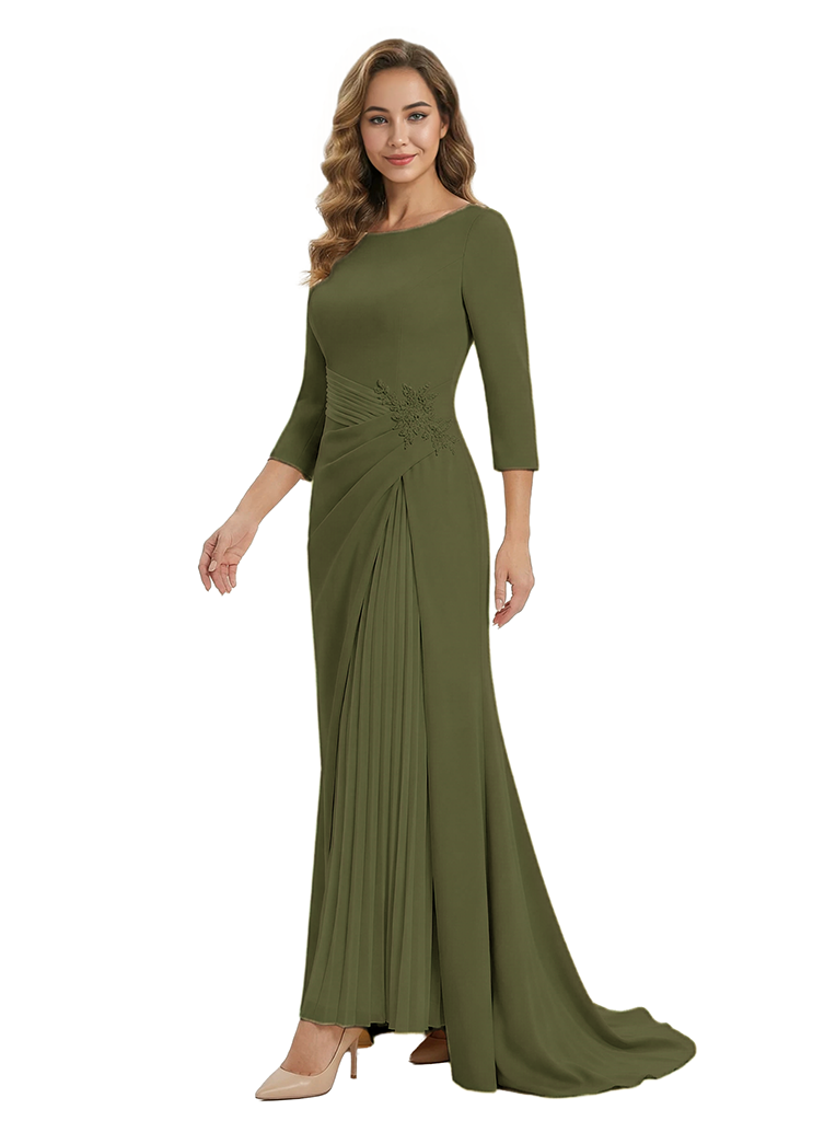 Mother of The Groom Dress Elegant Crew Scoop 3/4 Sleeve Crepe Maxi Gown Pleated Detail Classy Look