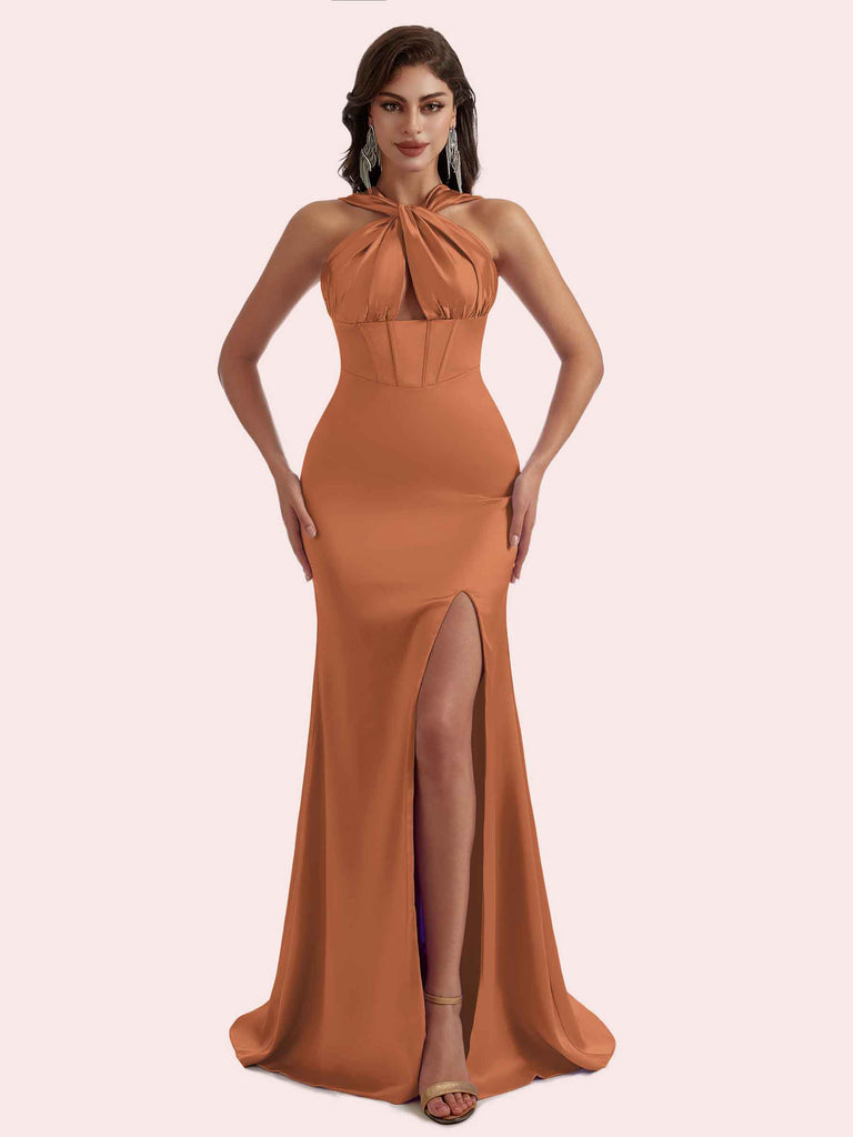 Sexy Mermaid Halter Side Slit Soft Satin Long Bridesmaid Dress for Wedding Sexy Mermaid Halter Side Slit Soft Satin Long Bridesmaid Dress for Wedding