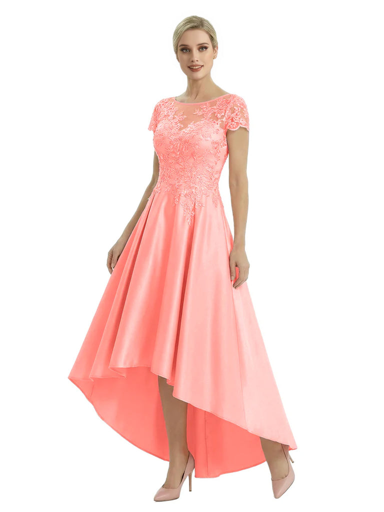 Elegant Mother of The Bride Dress Scoop Short Sleeve Lace Satin High-Low A-Line Gown