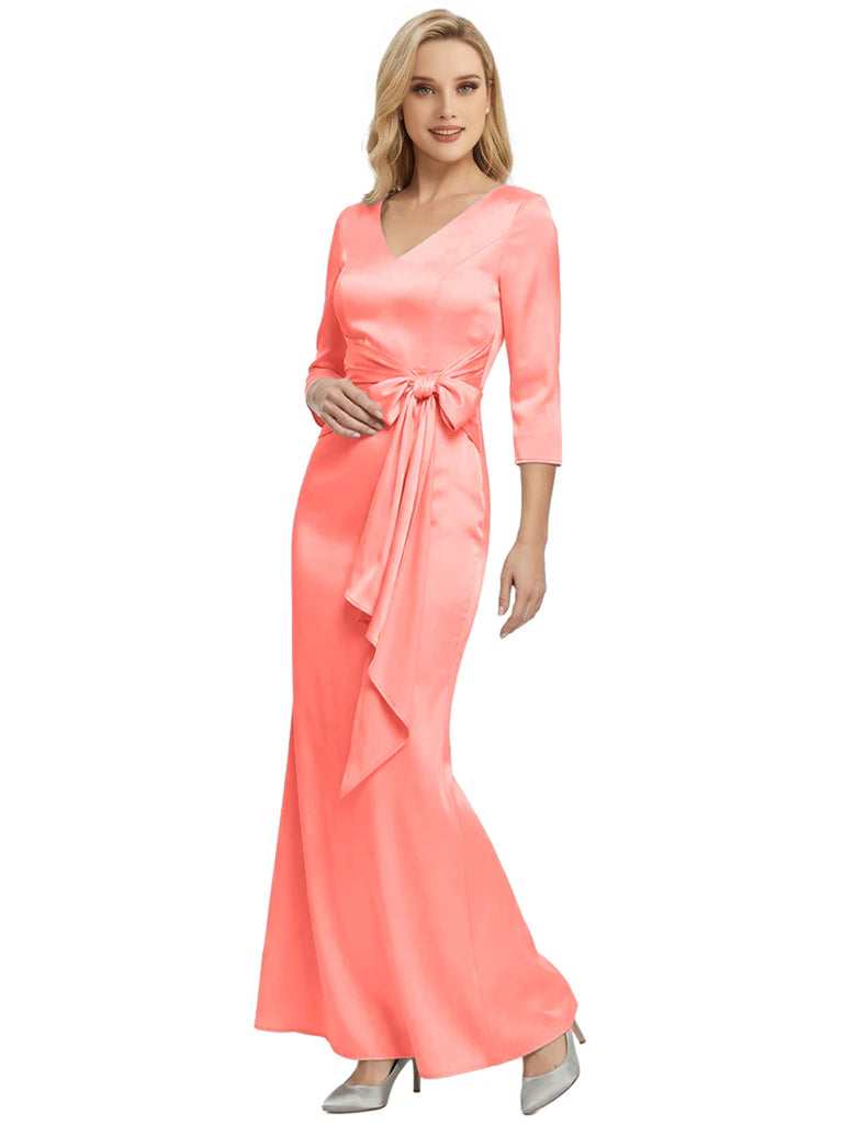 Mother of The Bride Dress Elegant V-Neck 3/4 Sleeve Satin Trumpet Maxi Gown