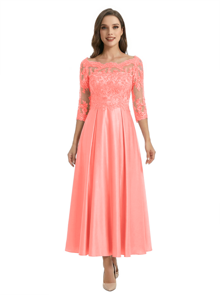 Mother of The Groom Dress Off Shoulder 3/4 Sleeve Lace Satin Midi Gown Classy Pleated