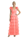 Mother of The Bride Dresses V-Neck Sleeveless Satin Tiered Maxi Gown Unique Flower Detailed Formal Wedding Event Attire