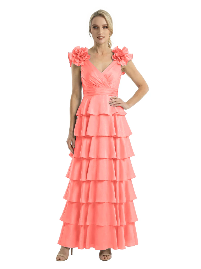 Mother of The Bride Dresses V-Neck Sleeveless Satin Tiered Maxi Gown Unique Flower Detailed Formal Wedding Event Attire