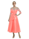 Unique Off Shoulder Tea-Length Satin Mother Of The Bride Dress With Lace Illusion