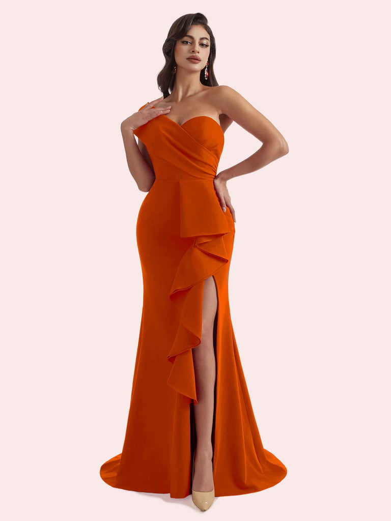 Sexy Mermaid Side Slit One Shoulder Crepe Long Bridesmaid Dress For Wedding- Cetims Burnt-Orange