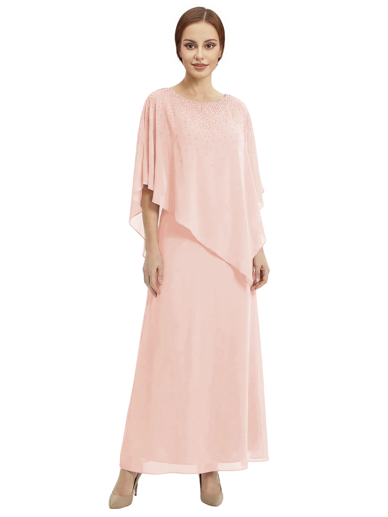 Classy Beaded Chiffon Overlay Poncho Style Mother of the Bride Gown