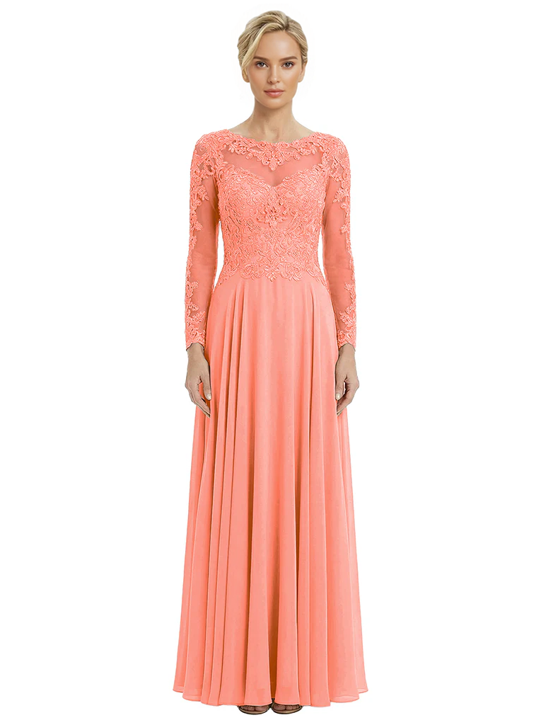 Mother of The Bride Dresses Scoop Long Sleeve Lace Chiffon Maxi Gown Pretty Embroidered Formal Wedding Event Attire