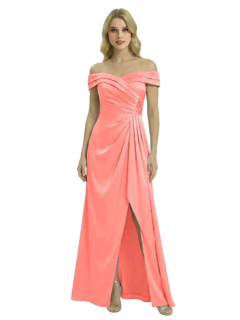 Off The Shoulder Mother Of The Groom Dresses Side Slit Satin Ruched A-Line Gown