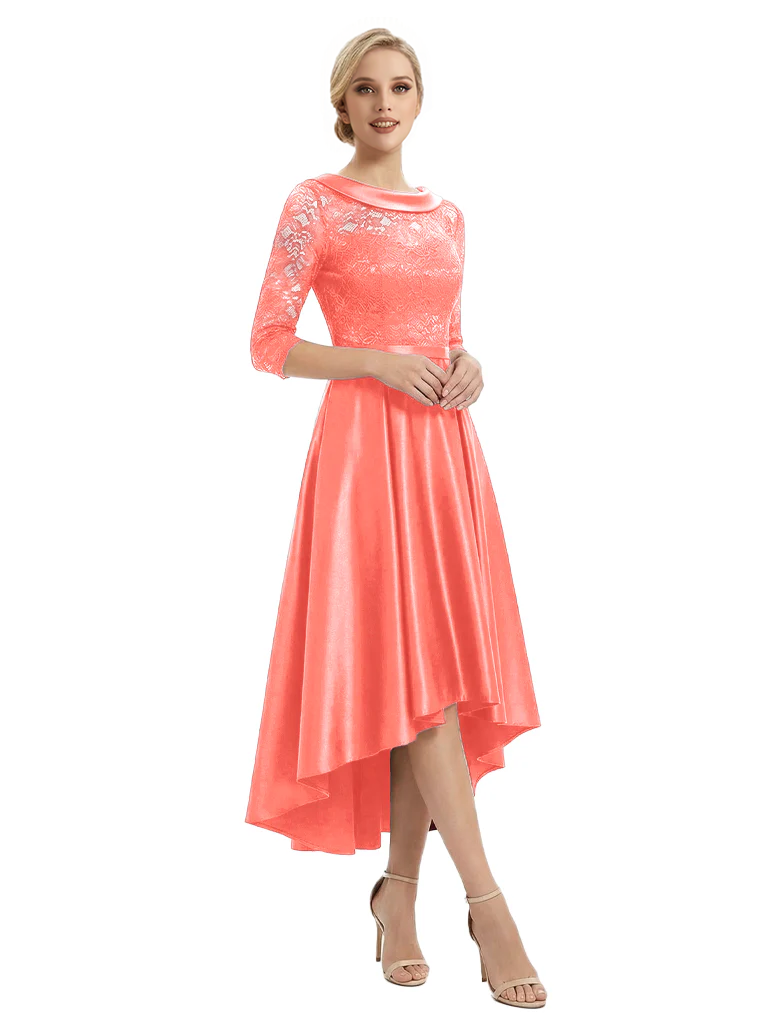 Elegant Boat Neck Satin Lace Mother Of The Bride Dresses High-Low A-Line Gowns