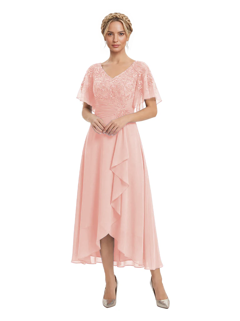 Unique Flutter Sleeves Lace Beaded Short Mother of the Groom Dresses