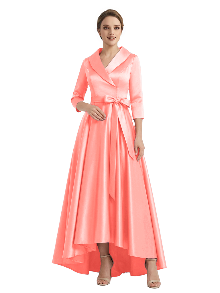 Modern High-Low 3/4 Sleeves Satin Mother Of The Bride Dress With Bow Knot