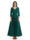 Elegant Soft Satin 3/4 Sleeves V-Neck Ankle Length Mother of The Bride Dresses