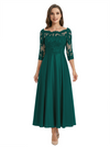 Mother of The Groom Dress Off Shoulder 3/4 Sleeve Lace Satin Midi Gown Classy Pleated