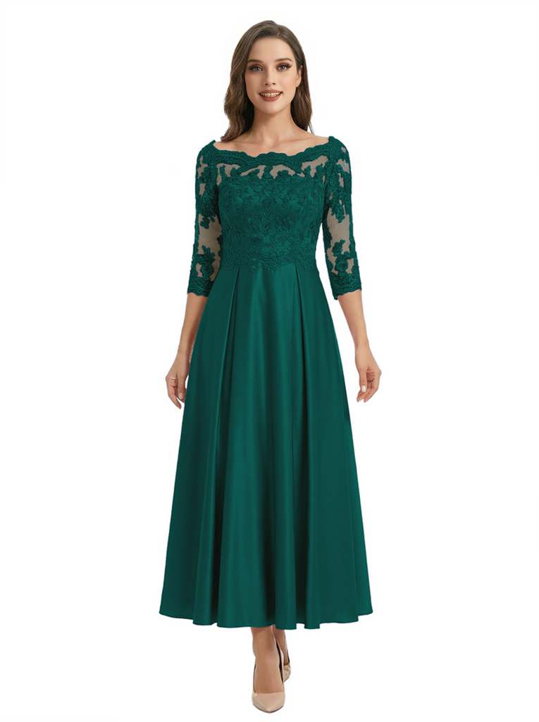 Mother of The Groom Dress Off Shoulder 3/4 Sleeve Lace Satin Midi Gown Classy Pleated