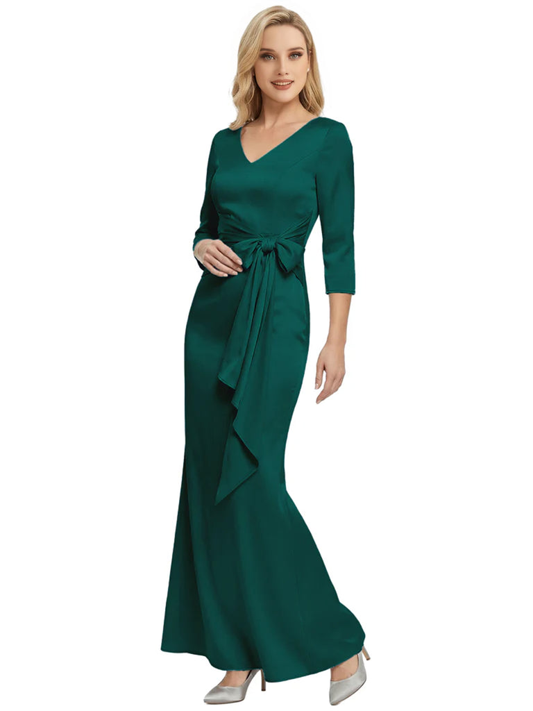 Mother of The Bride Dress Elegant V-Neck 3/4 Sleeve Satin Trumpet Maxi Gown