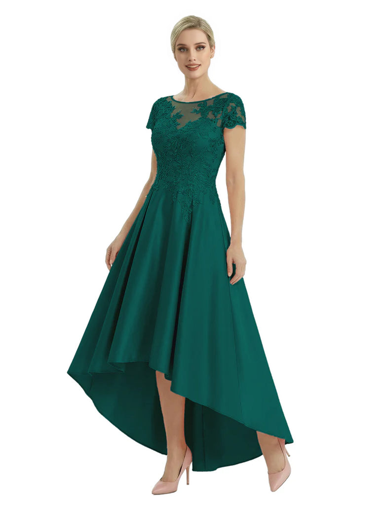 Elegant Mother of The Bride Dress Scoop Short Sleeve Lace Satin High-Low A-Line Gown