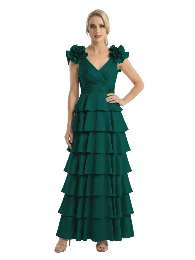 Mother of The Bride Dresses V-Neck Sleeveless Satin Tiered Maxi Gown Unique Flower Detailed Formal Wedding Event Attire