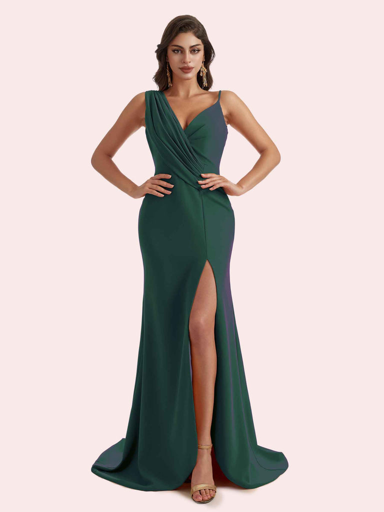 v-neck crepe mermaid bridesmaid dress Gorgeous Mermaid Side Slit V Neck Crepe Long Bridesmaid Dress For Wedding