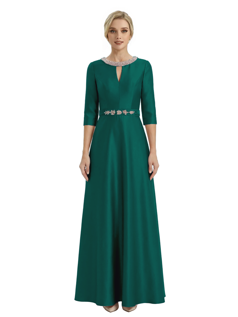 Sophisticated 3/4 Sleeves Beaded A-Line Satin Mother Of The Bride Dress