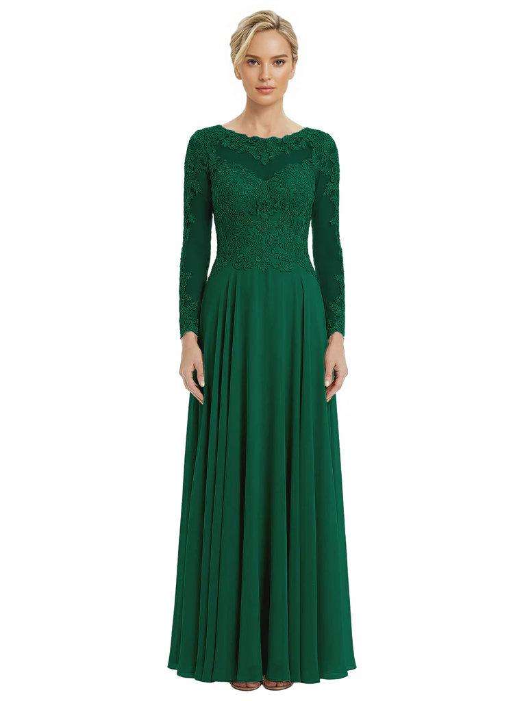 Mother of The Bride Dresses Scoop Long Sleeve Lace Chiffon Maxi Gown Pretty Embroidered Formal Wedding Event Attire