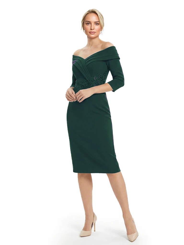 Mother of The Groom Dresses Off The Shoulder 3/4 Sleeve Satin Sheath Midi Dress Pretty Lace Detailed Formal Bridal Party Attire
