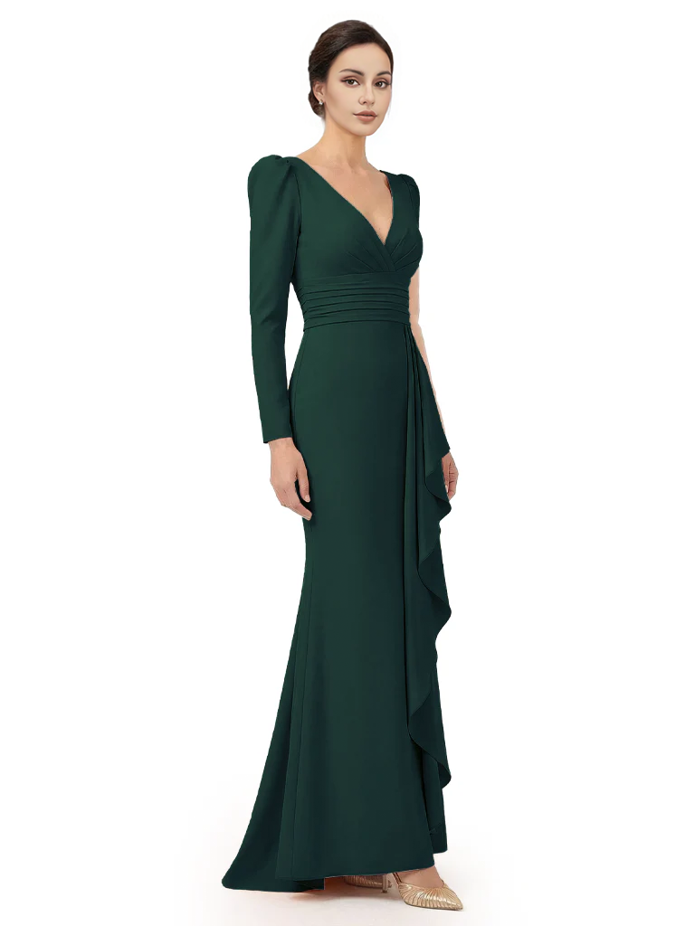 V-Neck Long Sleeves Ruffle Crepe Mother Of The Groom Dress Mermaid
