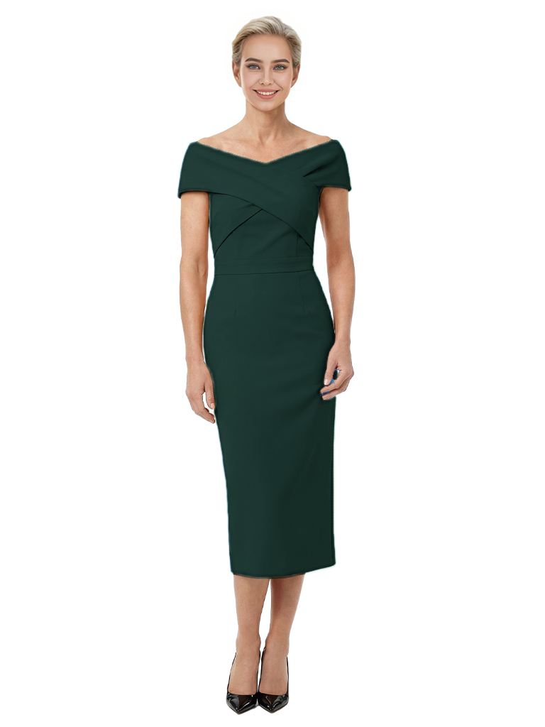 Mother of The Bride Dress Classy Off Shoulder Crepe Sheath Midi Gown Modern Wrap Detail