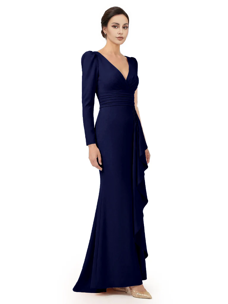 V-Neck Long Sleeves Ruffle Crepe Mother Of The Groom Dress Mermaid