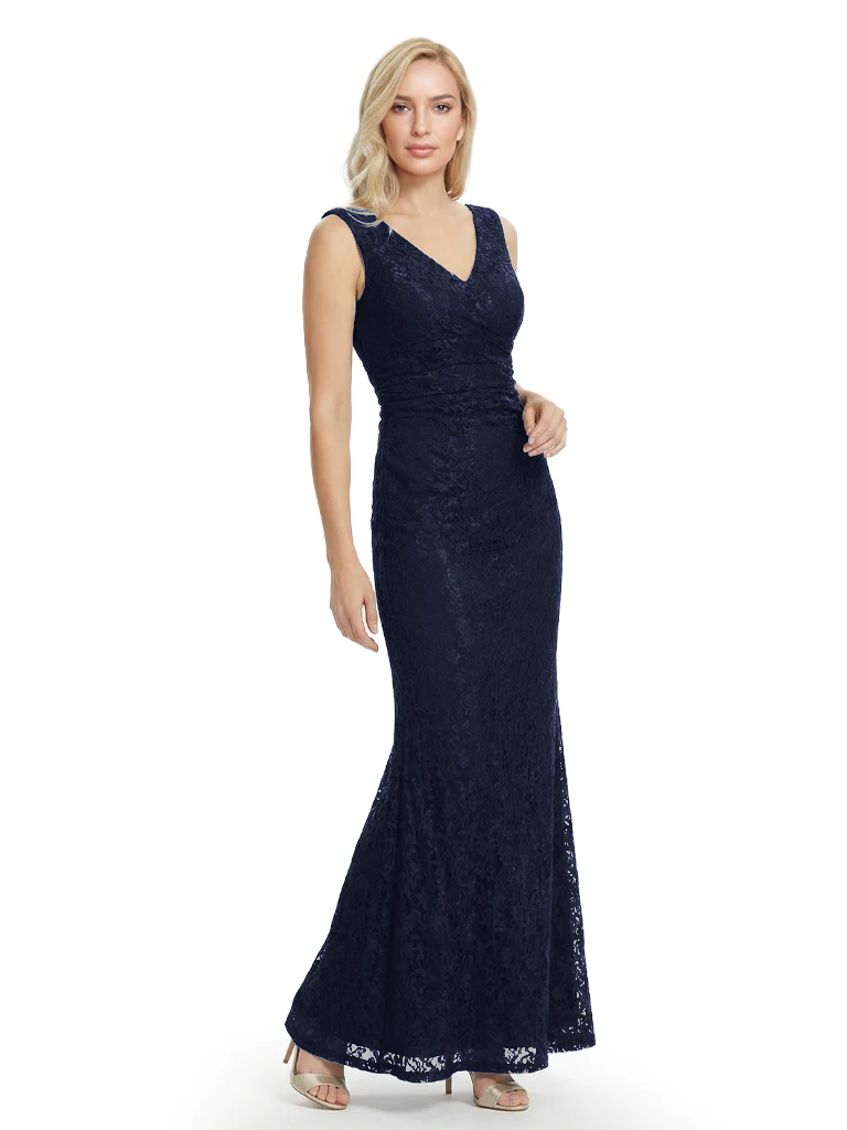 Mother of The Bride Dresses V-Neck Sleeveless Lace Mermaid Maxi Gown Elegant Flowy Formal Wedding Event Dress