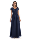 Elegant Short Sleeves Beaded Pleats A-line Floor-Length Mother of The Bride Dresses