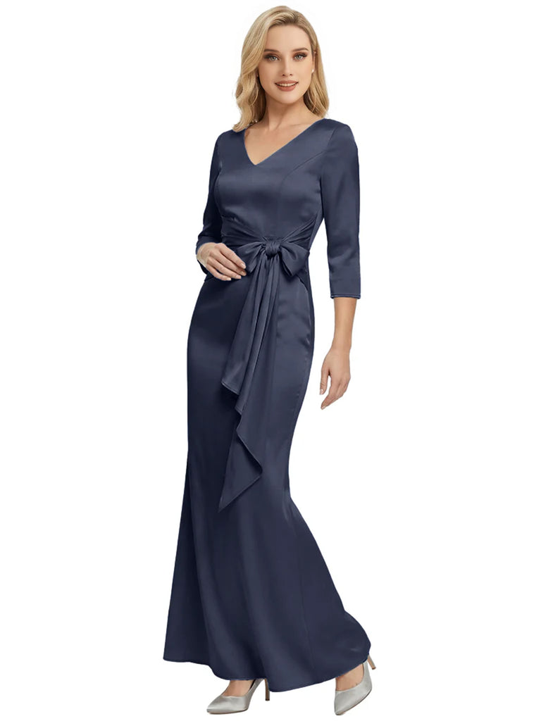 Mother of The Bride Dress Elegant V-Neck 3/4 Sleeve Satin Trumpet Maxi Gown