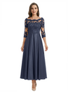 Mother of The Groom Dress Off Shoulder 3/4 Sleeve Lace Satin Midi Gown Classy Pleated