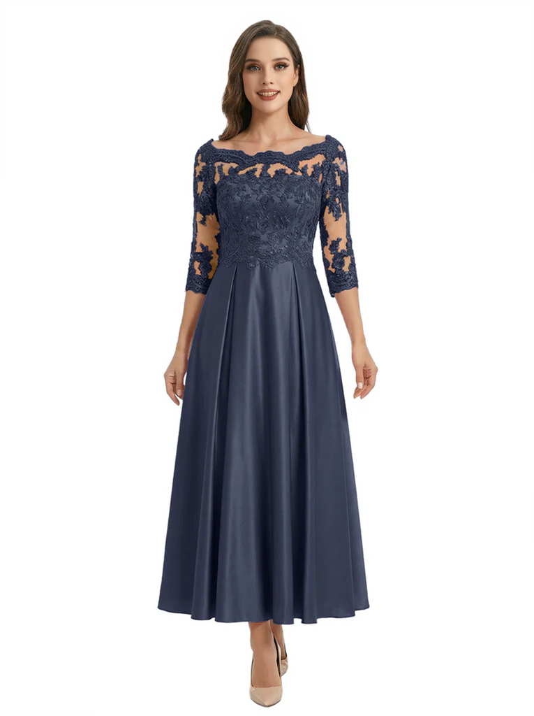 Mother of The Groom Dress Off Shoulder 3/4 Sleeve Lace Satin Midi Gown Classy Pleated