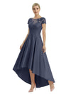 Elegant Mother of The Bride Dress Scoop Short Sleeve Lace Satin High-Low A-Line Gown