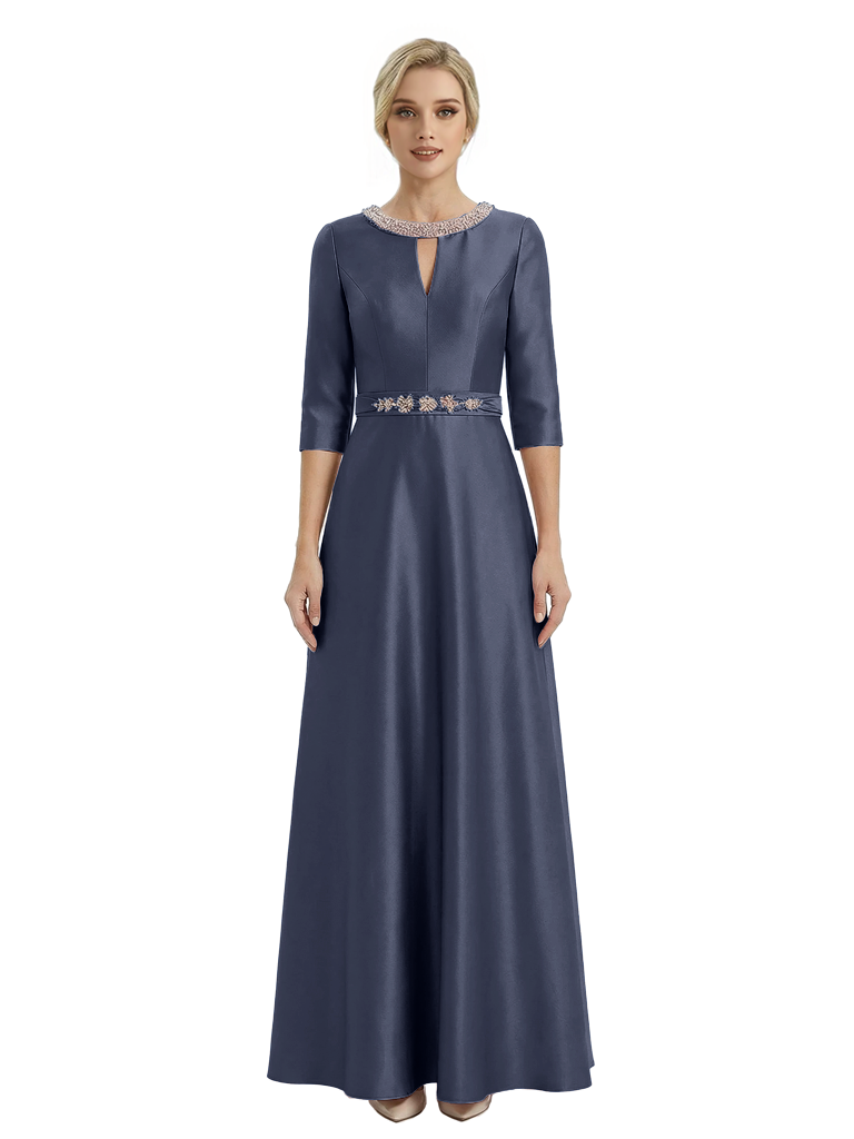 Sophisticated 3/4 Sleeves Beaded A-Line Satin Mother Of The Bride Dress