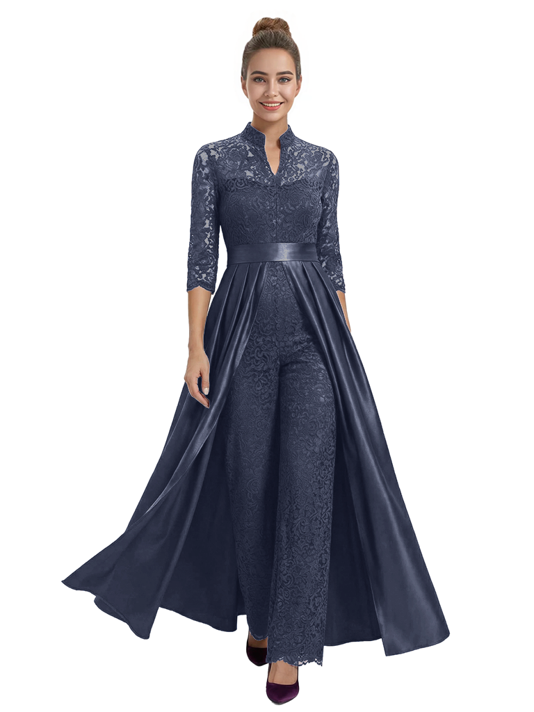Mother of The Groom Outfit V-Neck 3/4 Sleeve Lace Pantsuit Satin Overskirt