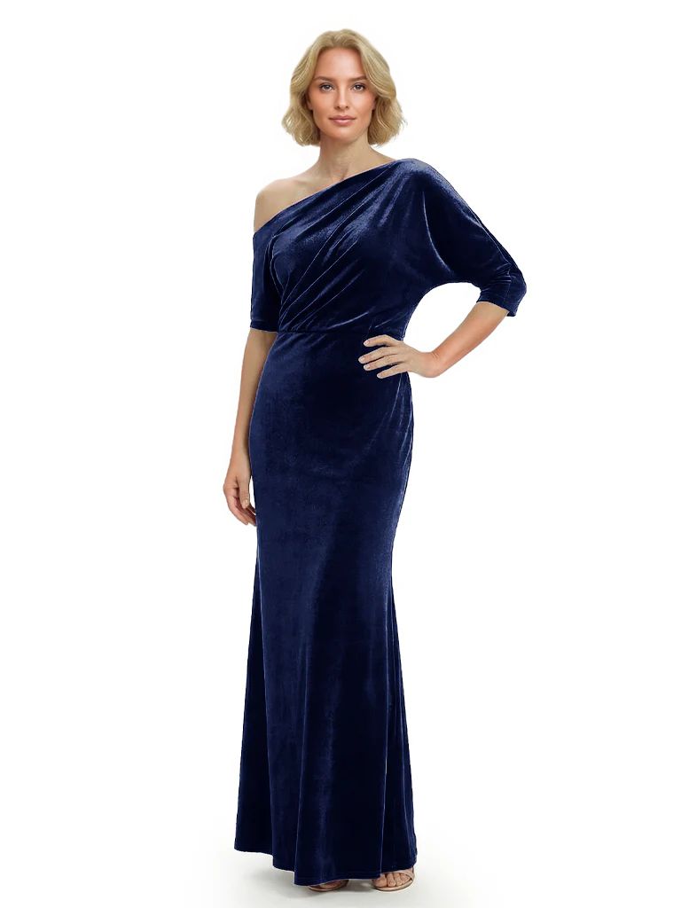 Sophisticated Asymmetrical Neckline Velvet Half Sleeves Maxi Mother Of The Groom Dress