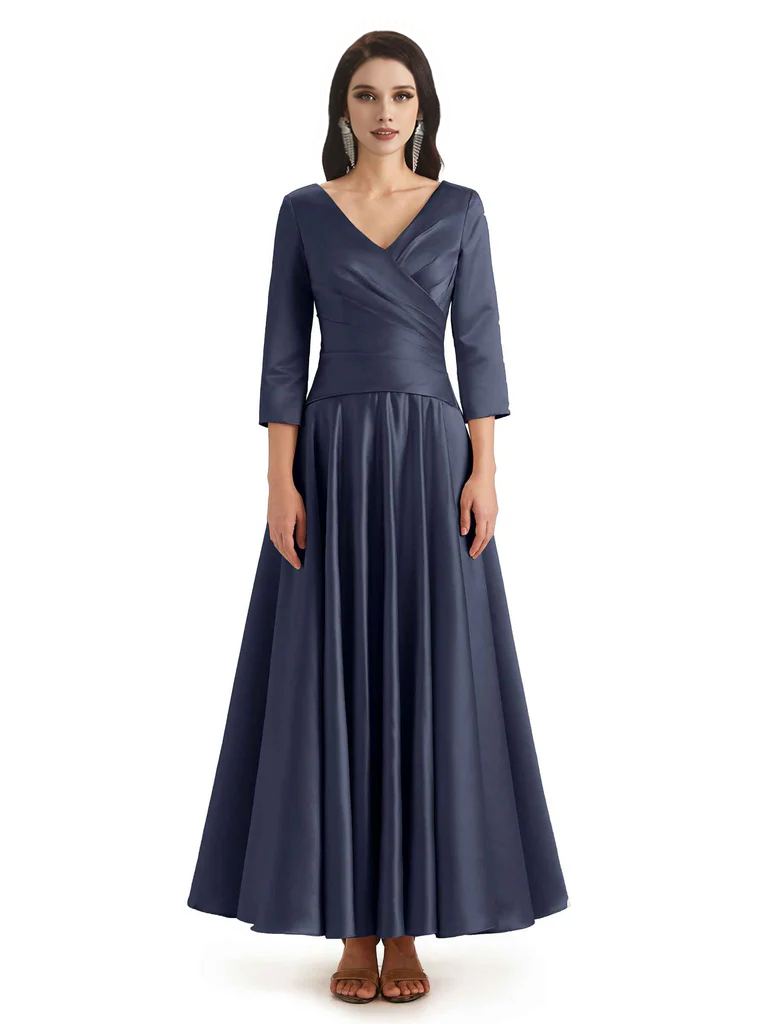 Elegant Soft Satin 3/4 Sleeves V-Neck Ankle Length Mother of The Bride Dresses