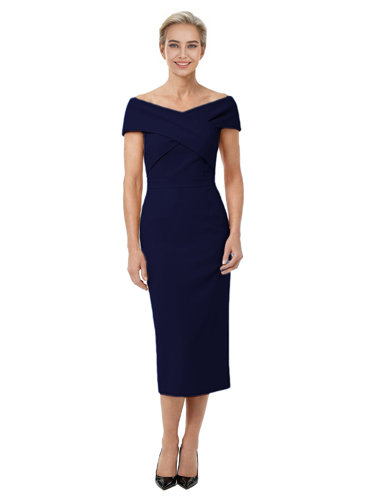 Mother of The Bride Dress Classy Off Shoulder Crepe Sheath Midi Gown Modern Wrap Detail