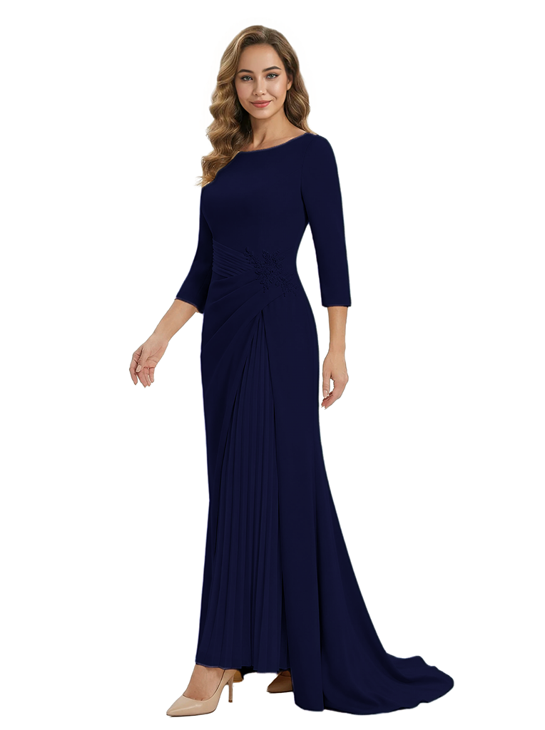 Mother of The Groom Dress Elegant Crew Scoop 3/4 Sleeve Crepe Maxi Gown Pleated Detail Classy Look