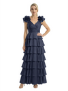 Mother of The Bride Dresses V-Neck Sleeveless Satin Tiered Maxi Gown Unique Flower Detailed Formal Wedding Event Attire