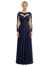 Mother of The Bride Dresses Scoop Long Sleeve Lace Chiffon Maxi Gown Pretty Embroidered Formal Wedding Event Attire
