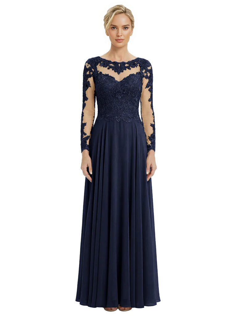 Mother of The Bride Dresses Scoop Long Sleeve Lace Chiffon Maxi Gown Pretty Embroidered Formal Wedding Event Attire